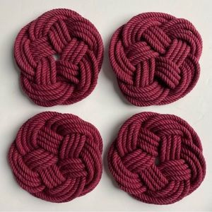 Nautical Sailor Knot Coasters Set of 4 Turks Head Burgundy Red Ocean Beach Rope